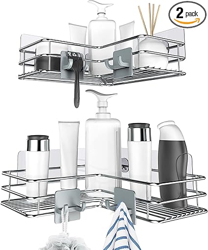 Nieifi Corner Shower Shelves Stainless Steel, Adhesive Shower Caddy Basket Rack with Hooks, Rust Proof for Bathroom Shelf Shampoo Holder (Silver, 2 Pack)