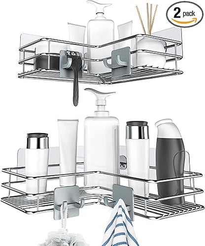 Nieifi Corner Shower Shelves Stainless Steel, Adhesive Shower Caddy Basket Rack with Hooks, Rust Proof for Bathroom Shelf Shampoo Holder (Silver, 2 Pack)