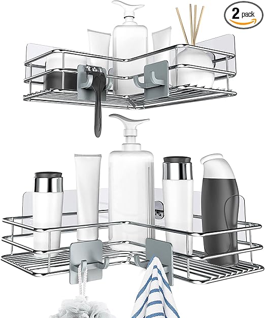 Nieifi Corner Shower Shelves Stainless Steel, Adhesive Shower Caddy Basket Rack with Hooks, Rust Proof for Bathroom Shelf Shampoo Holder (Silver, 2 Pack)