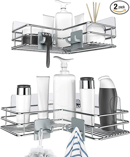 Nieifi Corner Shower Shelves Stainless Steel, Adhesive Shower Caddy Basket Rack with Hooks, Rust Proof for Bathroom Shelf Shampoo Holder (Silver, 2 Pack)