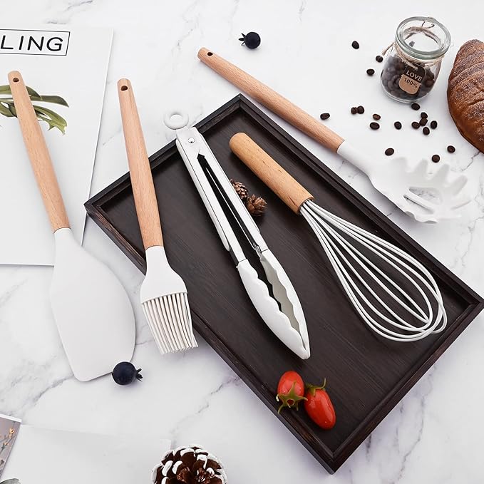 1pc White Silicone Pasta Server with Wooden Handle, Heat Resistant Cooking Utensils for Pasta Noodle Spaghetti Strainer