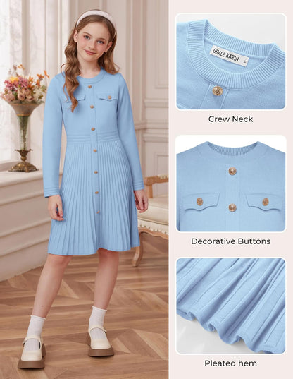 Girls Sweater Fall Dress Long Sleeve Knit Button Front Pleated A-Line Casual Winter Midi Dresses 5-14Y