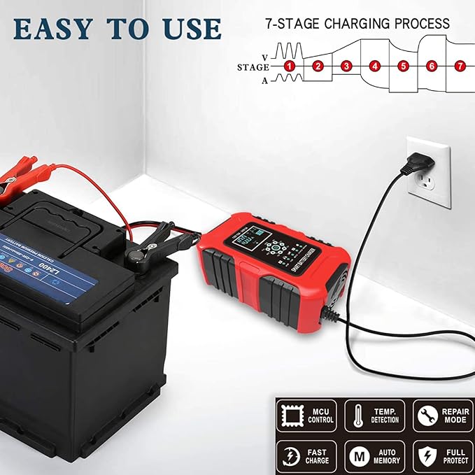 Battery Trickle Charger 12V  24V,10-Amp Multifunctional Battery Charger WetGELSLALiFePO4Lead-AcidAGM Batteries,7-Stage Quick Charger Truck Motorcycle Car ATV Lawn mower RV Tractor, Red