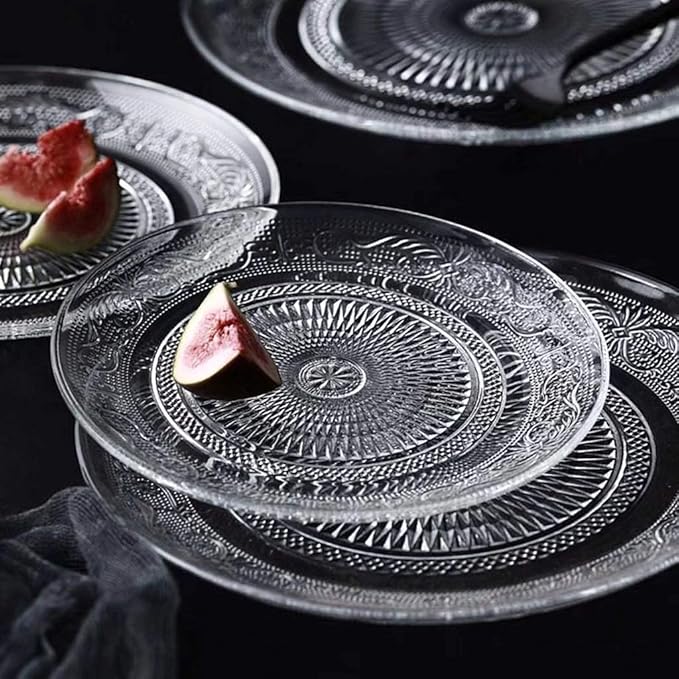 Bowls Vingate Creative Embossed Glass Plate Round Transparent Fruit Tray Home Kitchen Cake Dried Fruit Salad Plate (Size :  10"620g)
