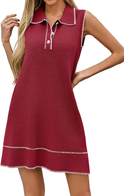 Wenrine Womens Sleeveless Mini Dress Casual Collared V Neck Contrast Stitch Loose Summer Knit Tank Dresses