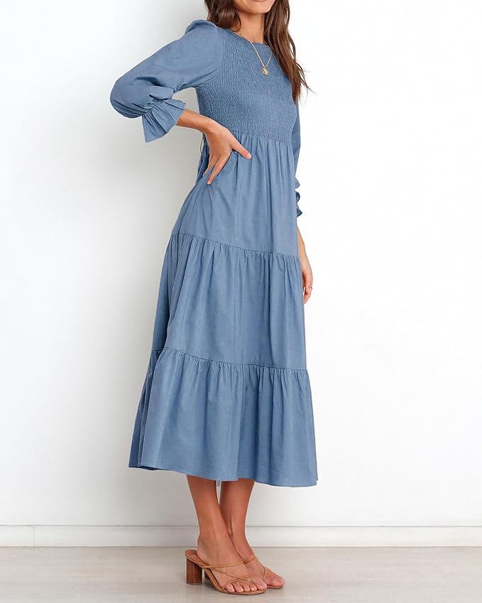 BTFBM Women Casual Long Sleeve Crew Neck Fall Dress Bohemian Relaxed Fit Floral Flowy Maxi Dresses Tiered Cocktail Dress