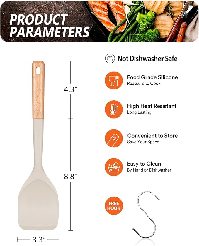 Nonstick Silicone Spatula, Non Scratch Flexible Edge for Pans, Slip Resistant comfortable Wooden Handle, Heat Resistant BPA-Free Kitchen Spatulas for Cooking, 13.2 Inch, Khaki