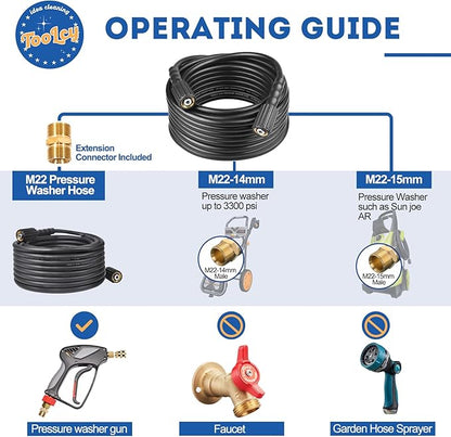 TOOLCY Pressure Washer Hose with Extension Coupler, 50 ft 14" Kink Resistant Power Washer Hose M22 Replacement for Ryobi, Troy Bilt, Greenworks, Craftsman High PressureWashers, 3300 PSI