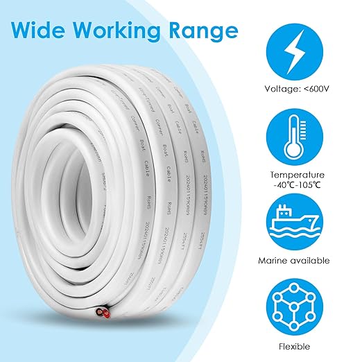 6 Gauge Duplex Marine Wire Tinned Copper Boat Cable, 20ft 6 AWG Standard USA OFC Oxygen Free Copper Wire for Automotive Boat Speakers Solar Outdoors