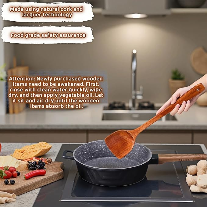 Natural Cork Wood Cooking Spatula, Long Handle Kitchen Turner, 13 Inch Wooden Spatula with Lacquer Technology, Non-Stick Pan Safe, Kitchen Utensil for Cooking, Camping