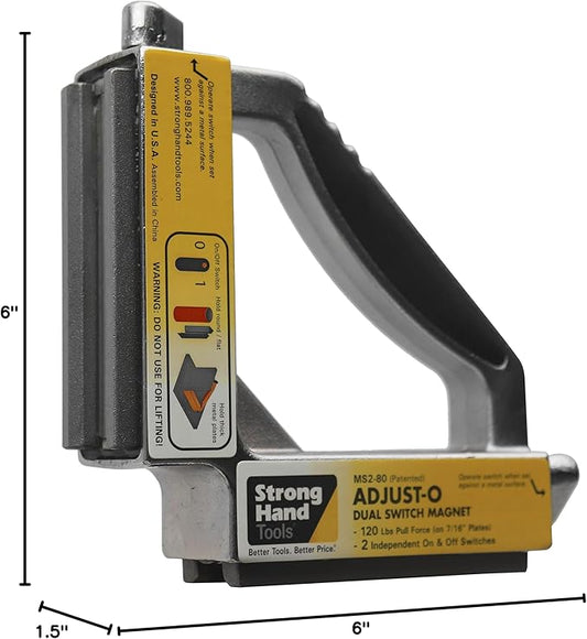 Strong Hand Tools Adjust-O 90 Dual Switch Magnetic Fabrication Square, OnOff Switches, Max. Pull Force: 120 LBS, Dimension: 6 x 6 x 1-12, MS2-80