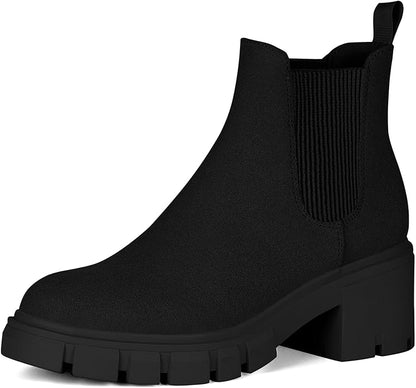 Athlefit Women's Slip on Chelsea Ankle Boots | Fall Short Booties Shoes with 2.3-Inch Low Chunky Heel, Round Toe, Lug Outsole, for Daily Wear, Office Work, Casual Outing