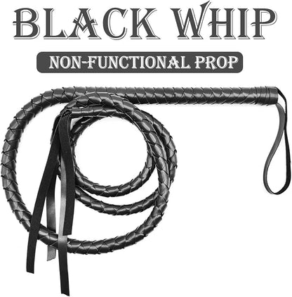 Black Whip for Halloween Costume - 6.5 Feet PU Leather Soft Prop Whip, Cat Woman Lion Tamer Cowboy Costume Accessory for Adult Women Party Dress Up Cosplay