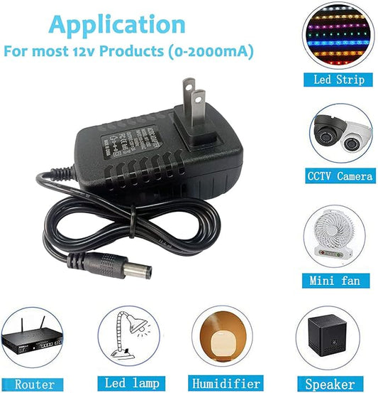 DC 12Volt 2A Power Supply Adapter 24W AC DC Wall Adapter 100-240V AC to DC 12V 2A 1.5A Power Adapter Converter with 5.5mm x 2.5mm Compatible with 5.5x2.1mm Tip 12V acdc Transformer Adapter