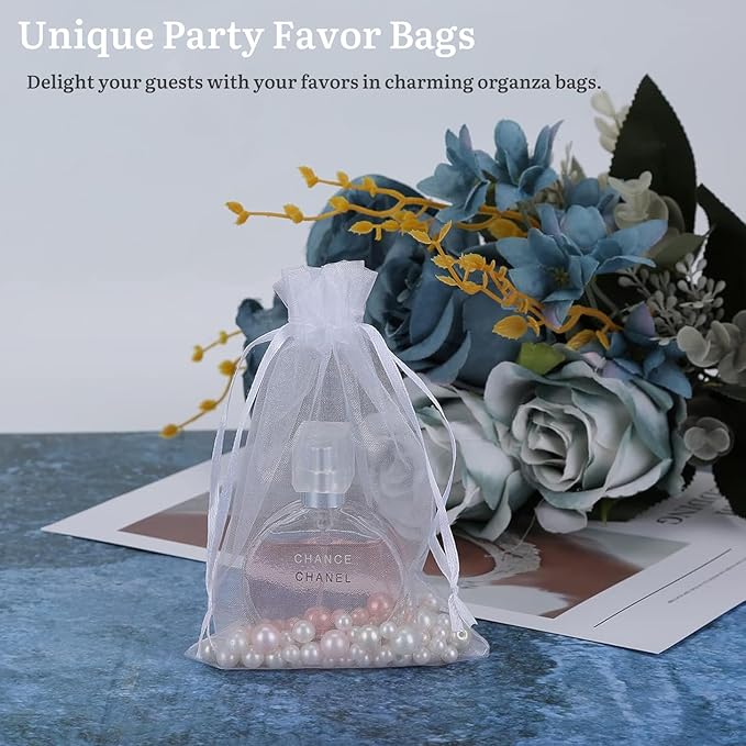 100PCS Sheer Organza Bags With Drawstring for Wedding Favor, Party, Favor Jewelry, Candy, Birthday, Christmas, Festival, Soaps, Makeup,Wrapping Supplies, 4.72 x 4 Inch Small Mesh White Gift Bags.