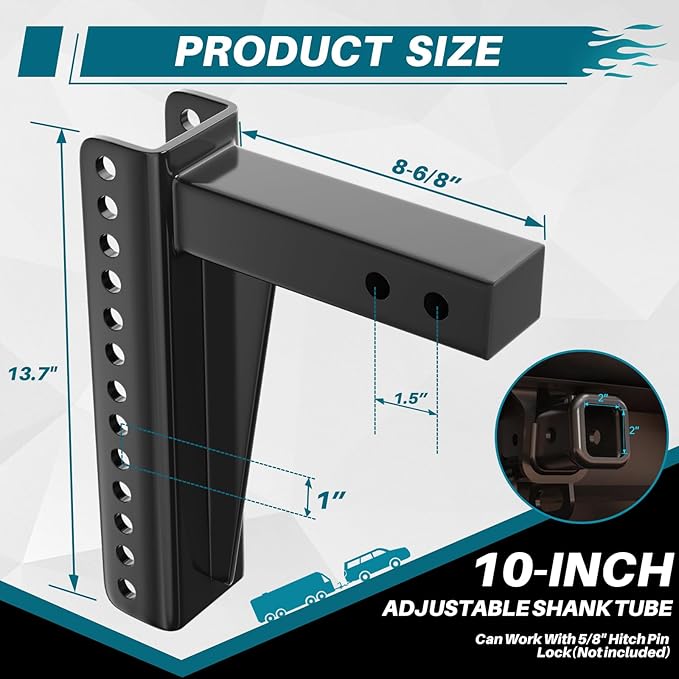 Replacement Shank for Adjustable Trailer Hitch Ball Mount - Fits 2'' Receiver, 10 Inch Drop/Rise Drop, DIY Your Adjustable Shank Tube with 99001?99002?99003?99004?99005