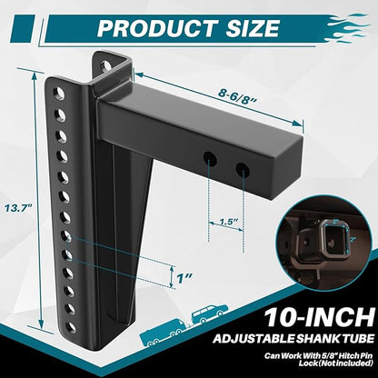 Replacement Shank for Adjustable Trailer Hitch Ball Mount - Fits 2'' Receiver, 10 Inch Drop/Rise Drop, DIY Your Adjustable Shank Tube with 99001?99002?99003?99004?99005