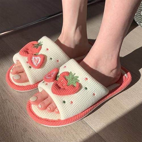 Women Kawaii Slippers Indoor Linen Slippers Strawberry Linen Cotton Slippers Home Floor Non-Slip Slides