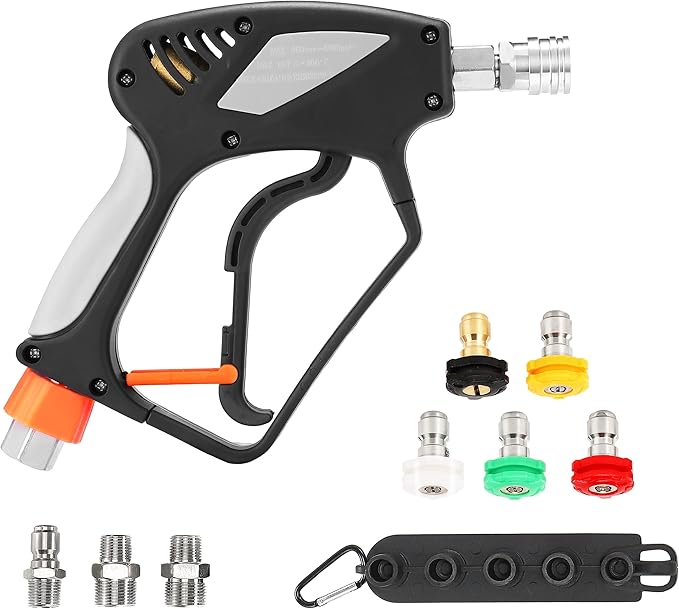 PWACCS Pressure Washer Gun with Swivel, Short Power Washer Gun with 38 Quick Connector, M22 14mm 15mm Fitting, 5 Pressure Washer Nozzle Tips with Holder, 5000 PSI Black