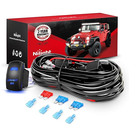 Nilight 10011W 16AWG Wiring Harness Kit-2 Leads LED Light Bar 12V OnOff 5 Pin Rocker Switch Power Relay Blade Fuse for Jeep Boat Trucks, 2 Years Warranty