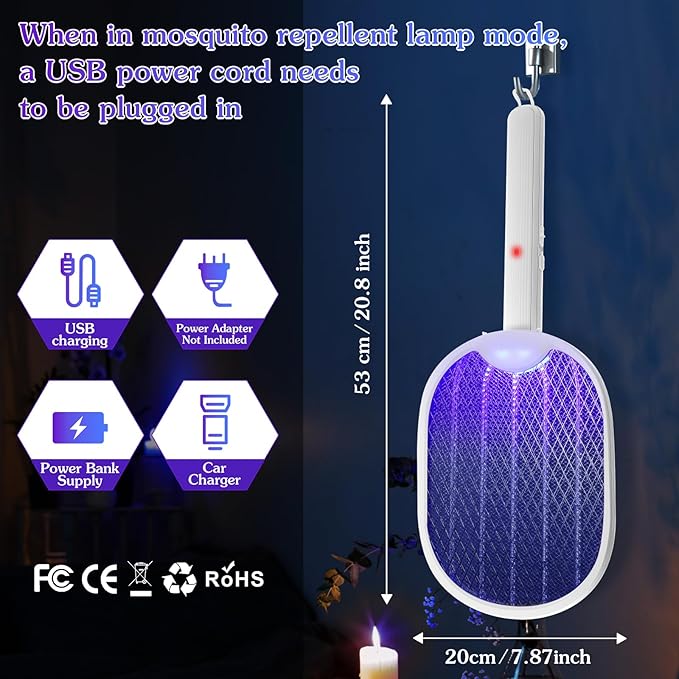 Qualirey Pack of 2 3 in 1 electric fly swatters, foldable, 3000 V, hand mosquito killer with USB rechargeable base, fly swatter and mosquito trap, indoor pendant lamp and