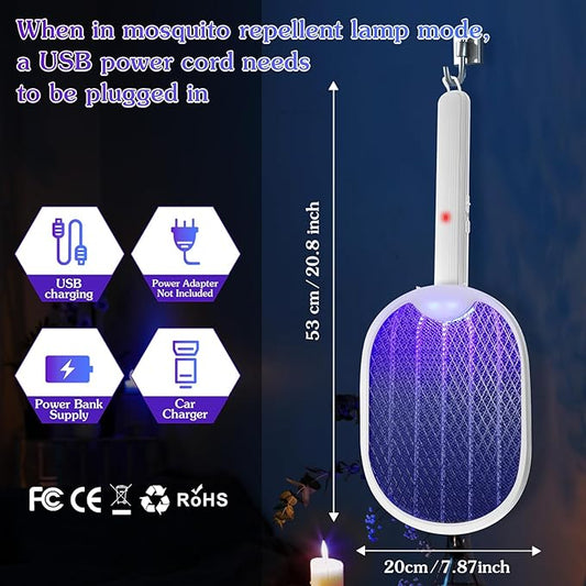 Qualirey Pack of 2 3 in 1 electric fly swatters, foldable, 3000 V, hand mosquito killer with USB rechargeable base, fly swatter and mosquito trap, indoor pendant lamp and