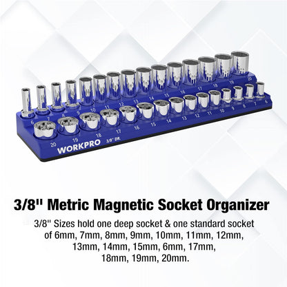 WORKPRO 3/8" Metric Magnetic Socket Organizer, Holds 30 Pieces, Standard & Deep Sockets (Sockets Not Included)