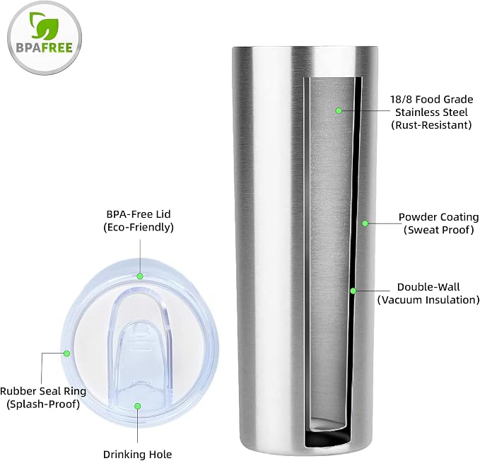 Hogg Outfitters 30 oz Skinny Tumbler, Stainless Steel Insulated Slim Tumbler with Lid, Reusable Double Wall Travel Coffee Mug, Durable Powder Coated Travel Water Cup(Stainless Steel, 1)