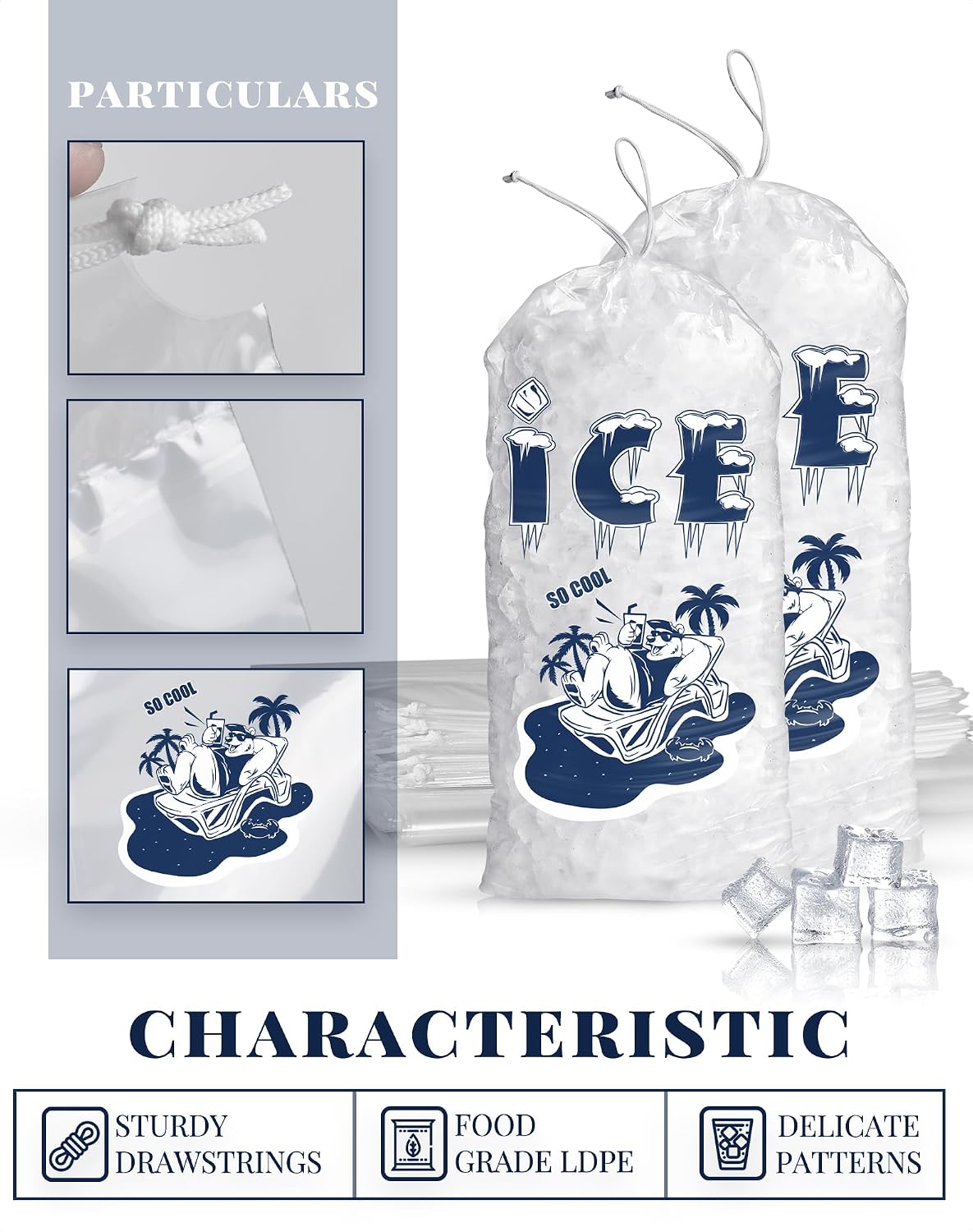 50 Pack Ice Bags 20 lb, Heavy-Duty Ice Bags with Drawstring, Portable Ice Cube Storage and Freezer Keeper (2 Mils Thickness)