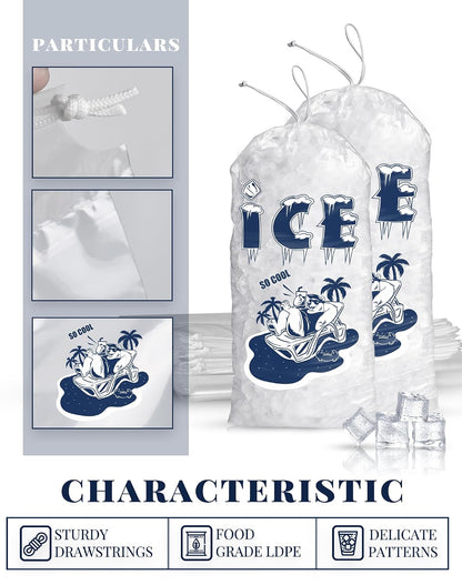 50 Pack Ice Bags 20 lb, Heavy-Duty Ice Bags with Drawstring, Portable Ice Cube Storage and Freezer Keeper (2 Mils Thickness)