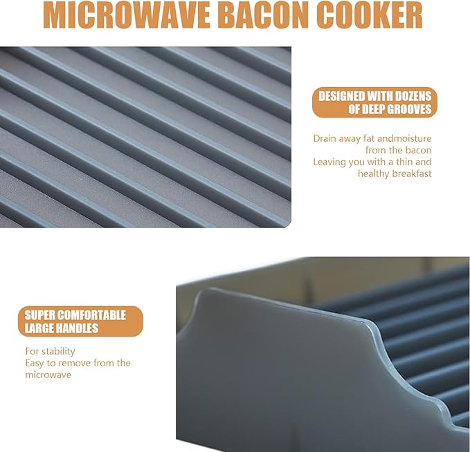 Bacon Cooker For Microwave Oven Food-Grade Silicone Microwave Bacon Tray Non Stick Bacon Tray with Grooves Dishwasher Safe Easy Bacon Maker 9.8x9.8x2 Inch Grey, Bacon Cooker