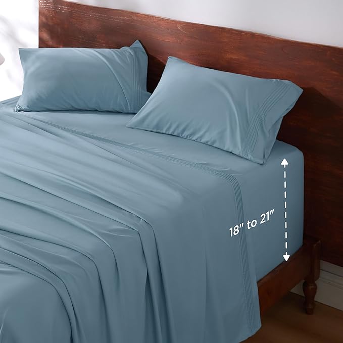 Bedsure Deep Pocket Queen Sheets Set - Fits Mattresses Up to 21 Inches Thick - 4 Piece GentleSoftTM Bed Sheets, Moisture Wicking, Soft  Cooling Bedsheet  Pillowcases, Easy  Secure Fit, Mineral Blue