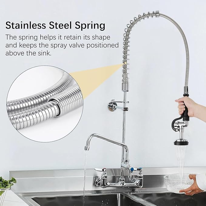 45” Stainless-Steel Pre Rinse Hose with Sprayer Valve & Spring, 1.42 GPM Commercial Sink Sprayer Hose with Nozzle Head Replacement Kit for Commercial Restaurant Kitchen Faucet