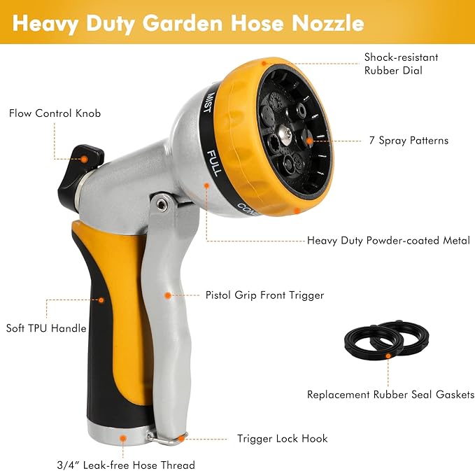 RESTMO Garden Hose Nozzle, Heavy Duty Metal Water Hose Nozzle with 7 Adjustable Spray Patterns, High Pressure Hand Sprayer with Flow Control, Best for Watering Plant  Lawn, Washing Car  Pet, Yellow