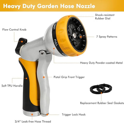 RESTMO Garden Hose Nozzle, Heavy Duty Metal Water Hose Nozzle with 7 Adjustable Spray Patterns, High Pressure Hand Sprayer with Flow Control, Best for Watering Plant  Lawn, Washing Car  Pet, Yellow