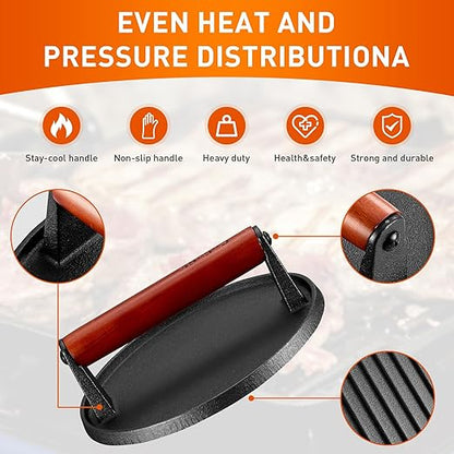 Burger Press 7.08" Roundï¼ŒHeavy-Duty Cast Iron Kit Smash Presses with Wooden Handle-Perfect for Griddle, Grill, and Sandwich Cooking