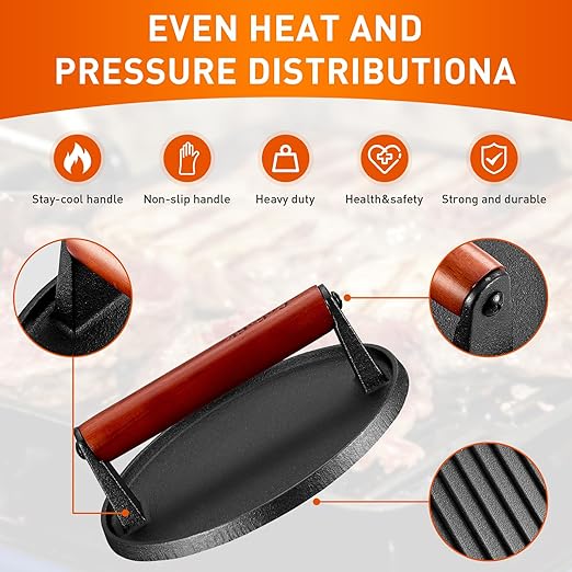 Burger Press 7.08" Roundï¼ŒHeavy-Duty Cast Iron Kit Smash Presses with Wooden Handle-Perfect for Griddle, Grill, and Sandwich Cooking