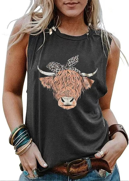 Cow Print Tank Top for Women Western Country Music Vest Shirt Funny Animal Graphic Tops Retro Cowgirl Sleeveless Shirt