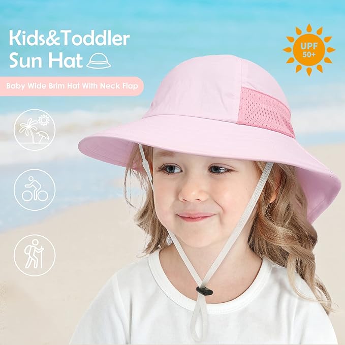 Baby Sun Hat Infant Toddler Kids Summer UPF 50+ Protection Caps for Girls Boys Wide Brim Baby Beach Hats with Neck Flap (2-6 years)