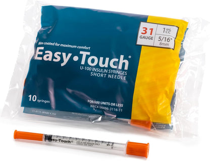 Easy Touch 31 Gauge U-100 Insulin Syringes (31G 1cc 5/16”) with 5/16” Short Needle, 1cc (20 Unit Capacity), Bold Markings for Accurate Dosing, Disposable, Box of 20