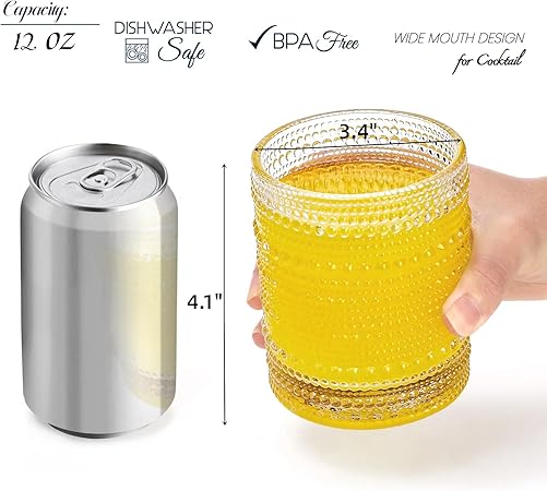 ZOOFOX Set of 6 Romantic Water Glasses, 12 oz Hobnail Glasses Tumbler, Clear Embossed Vintage Glassware Set for Beer, Cocktail, Soda, Beverages