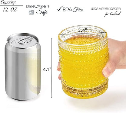 ZOOFOX Set of 6 Romantic Water Glasses, 12 oz Hobnail Glasses Tumbler, Clear Embossed Vintage Glassware Set for Beer, Cocktail, Soda, Beverages