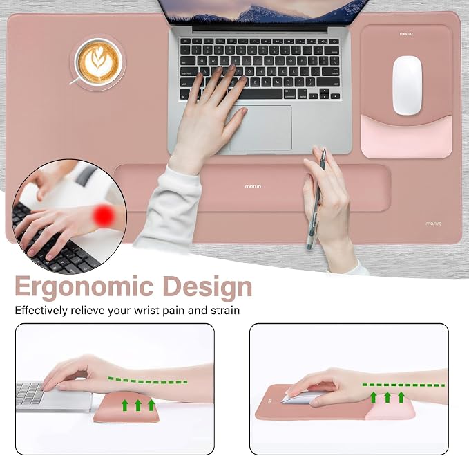 MOSISO Keyboard Mouse Pad Set, Rectangular Keyboard Wrist Rest&Mousepad with Wrist Rest&Coaster, Ergonomic Non-Slip&Easy Typing Pad with Curved Silicone Lining, Salmon Pink