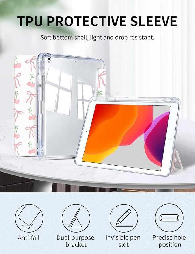 Case for iPad 9th/ 8th/ 7th Generation Case 10.2 Inch (2021/2020/2019 Release), Slim Trifold Clear Back Transparent Cover with Pencil Holder & Auto Sleep/Wake Cover,Bow Cherry Print