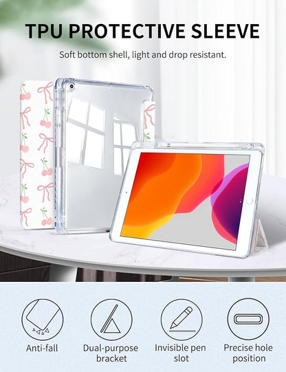 Case for iPad 9th/ 8th/ 7th Generation Case 10.2 Inch (2021/2020/2019 Release), Slim Trifold Clear Back Transparent Cover with Pencil Holder & Auto Sleep/Wake Cover,Bow Cherry Print