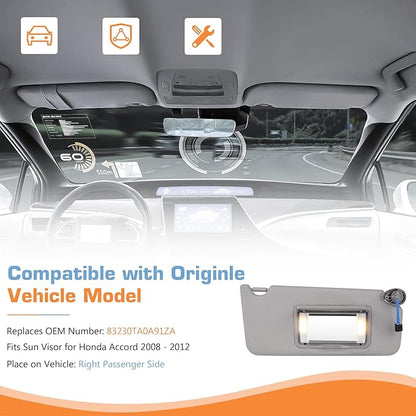 Sun Visor for 2008-2017 Honda Accord, Right Passenger Side Grey Sunvisor with Light, Replacement 83230TA0A91ZA