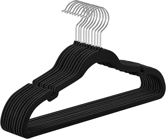 SONGMICS Velvet Hangers 10 Pack, Non-Slip Clothes Hangers, Suit Hangers with Shoulder Notches, Pants Bar, 360 Swivel Hook, Space-Saving, for Closet, Ink Black UCRF029B01