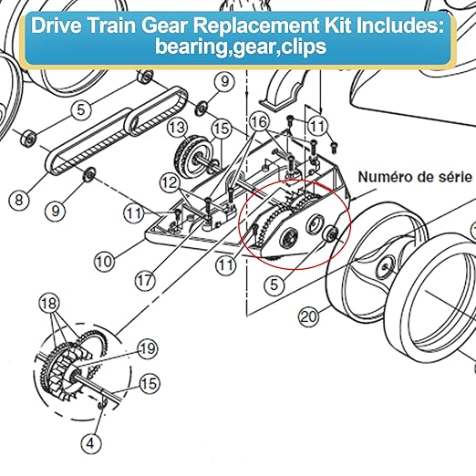 9-100-1132 Drive Train Gear Kit for Zodiac Polaris 360, 380, Vac-Sweep 360  380 Pool Cleaner, Pool Cleaner Drive Gear Rebuild Replacement Parts with Turbine Bearing