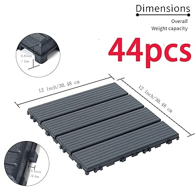 44 PCS Plastic Interlocking Deck Tiles, 12"x12" Waterproof Outdoor Flooring, Patio Floor Decking Tiles for Balcony, Backyard, Pool, Garden Balcony Decorations (44, C-Gray, 12'' x 12'')