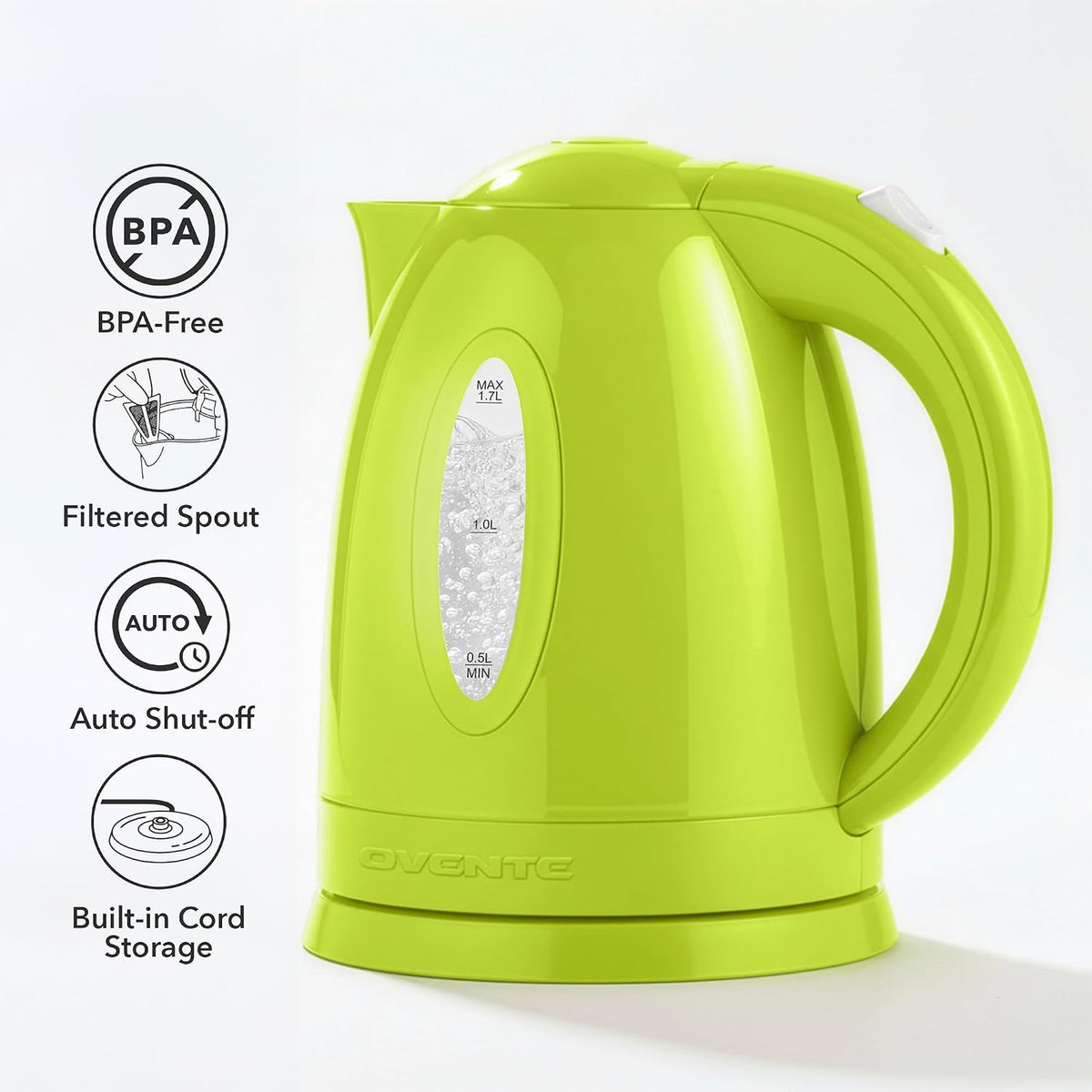 Electric Kettle, 1.7L Fast Boiling Water Heater for Coffee or Tea, BPA Free with Water Level Gauge, Auto Shut-Off, Boil-Dry Protection, Indicator Light and Removable Filter, Green KP72G